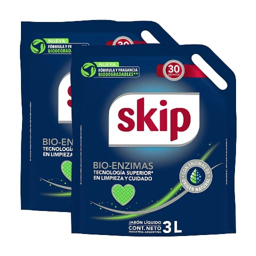 Pack Detergente Líquido Bio Enzimas SKIP Doypack 3L x2un