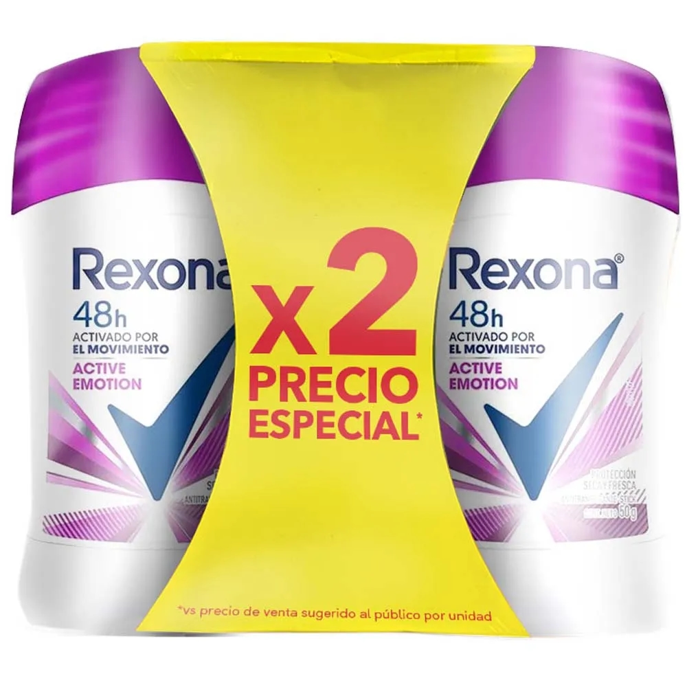 Desodorante para Mujer en Barra REXONA Women Active Emotion Frasco 50g Paquete 2un