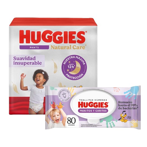 Pack Pañales HUGGIES Natural Care Pants Etapa 4/XG Suavidad Insuperable Paquete 38un + Toallitas Húmedas HUGGIES Manitos y Carita Desechables Paquete 80un