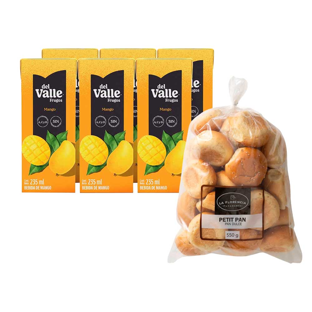 Pack Bebida FRUGOS DEL VALLE Mango Caja 235ml Six Pack + Petit Pan Embolsado 550g