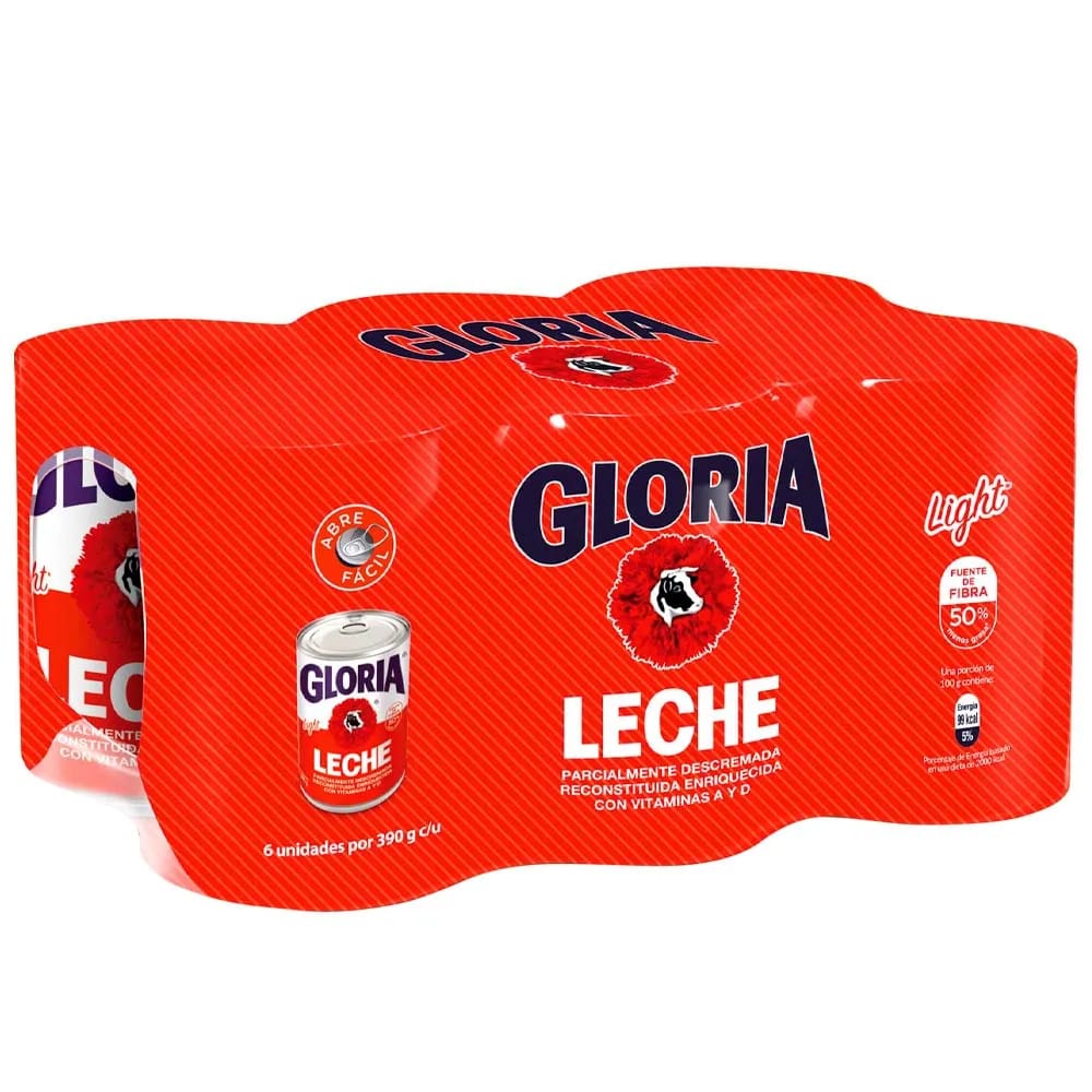 Leche Light GLORIA Lata 390g Paquete 6un