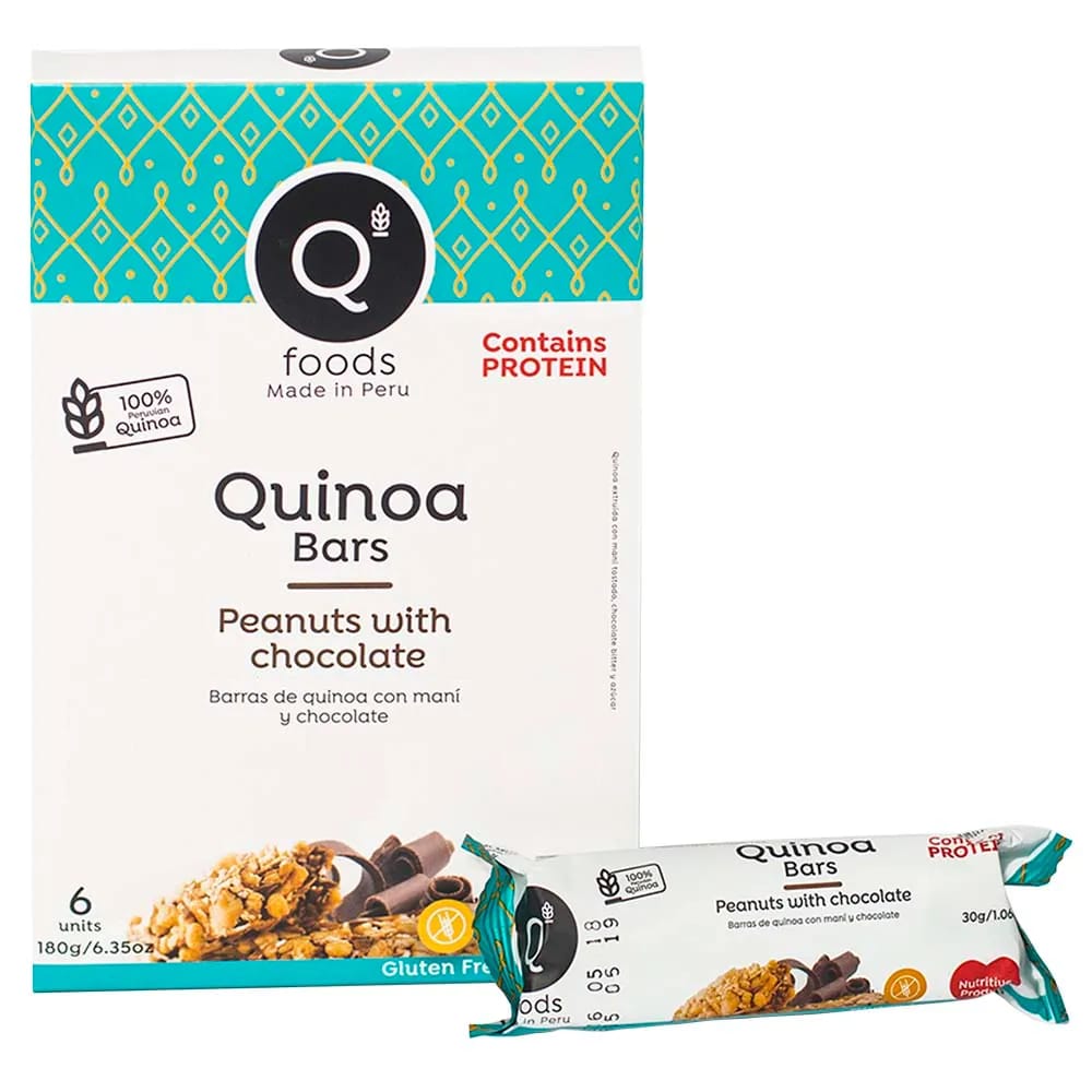 Barra de Cereal Q FOODS Quinoa Maní y Chocolate Caja 6un