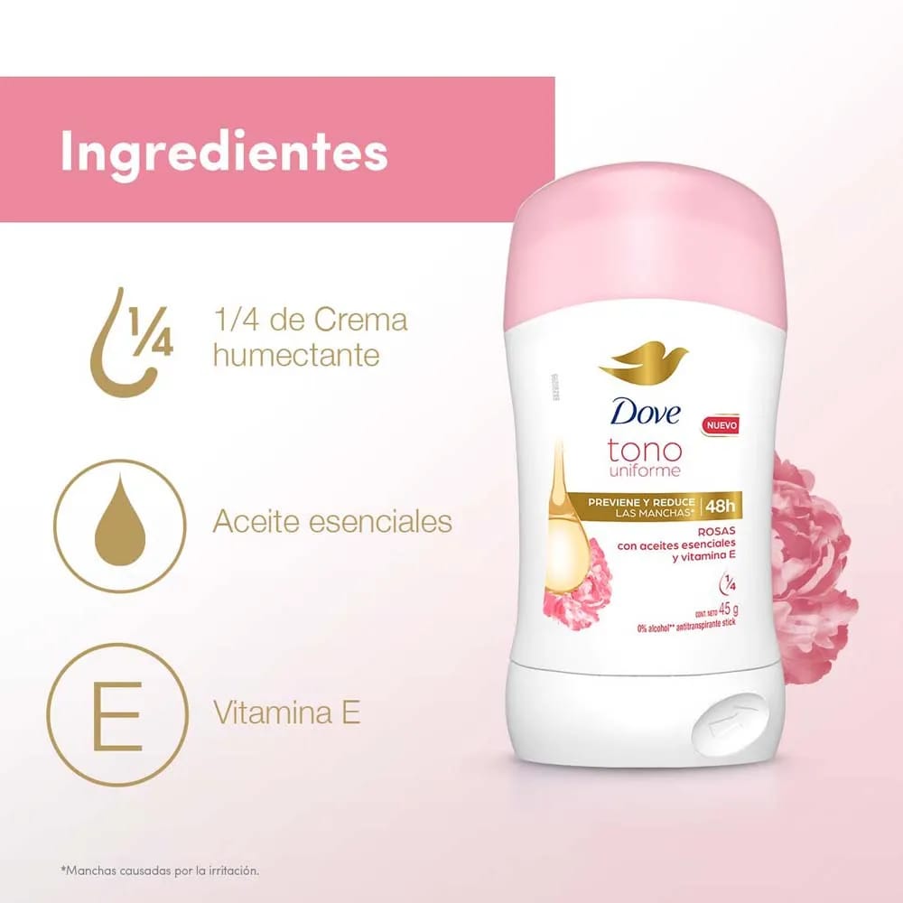 Desodorante para Mujer en Barra DOVE Tono Uniforme Rosas Frasco 45g
