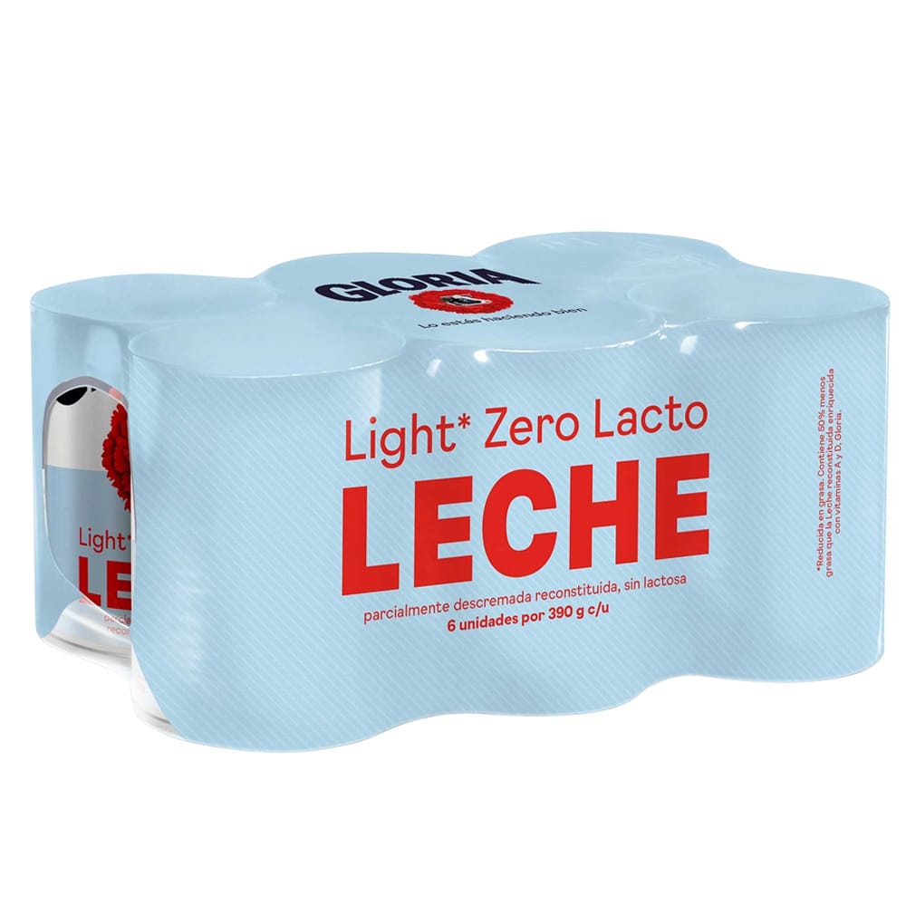 Leche GLORIA Light Zero Lacto Lata 390g Paquete 6un