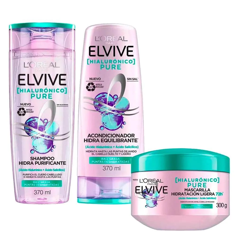 Pack ELVIVE Pure Ácido Hialurónico Acondicionador Frasco 370ml + Crema Tratamiento Frasco 300ml + Shampoo Frasco 370ml