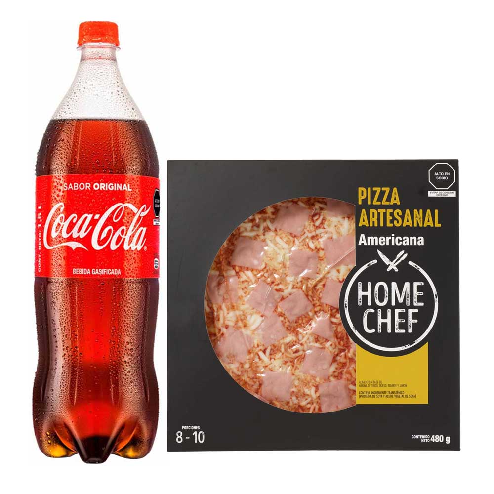 Pack Pizza Americana Familiar HOME CHEF 1un + Gaseosa COCA COLA Sabor Original Botella 1.5L