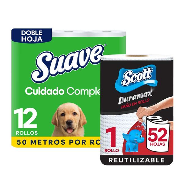 Pack Papel Higiénico SUAVE Cuidado Completo Doble Hoja 50 metros Paquete 12un + Toalla de Papel Reutilizable SCOTT Duramax 52H Paquete 1un