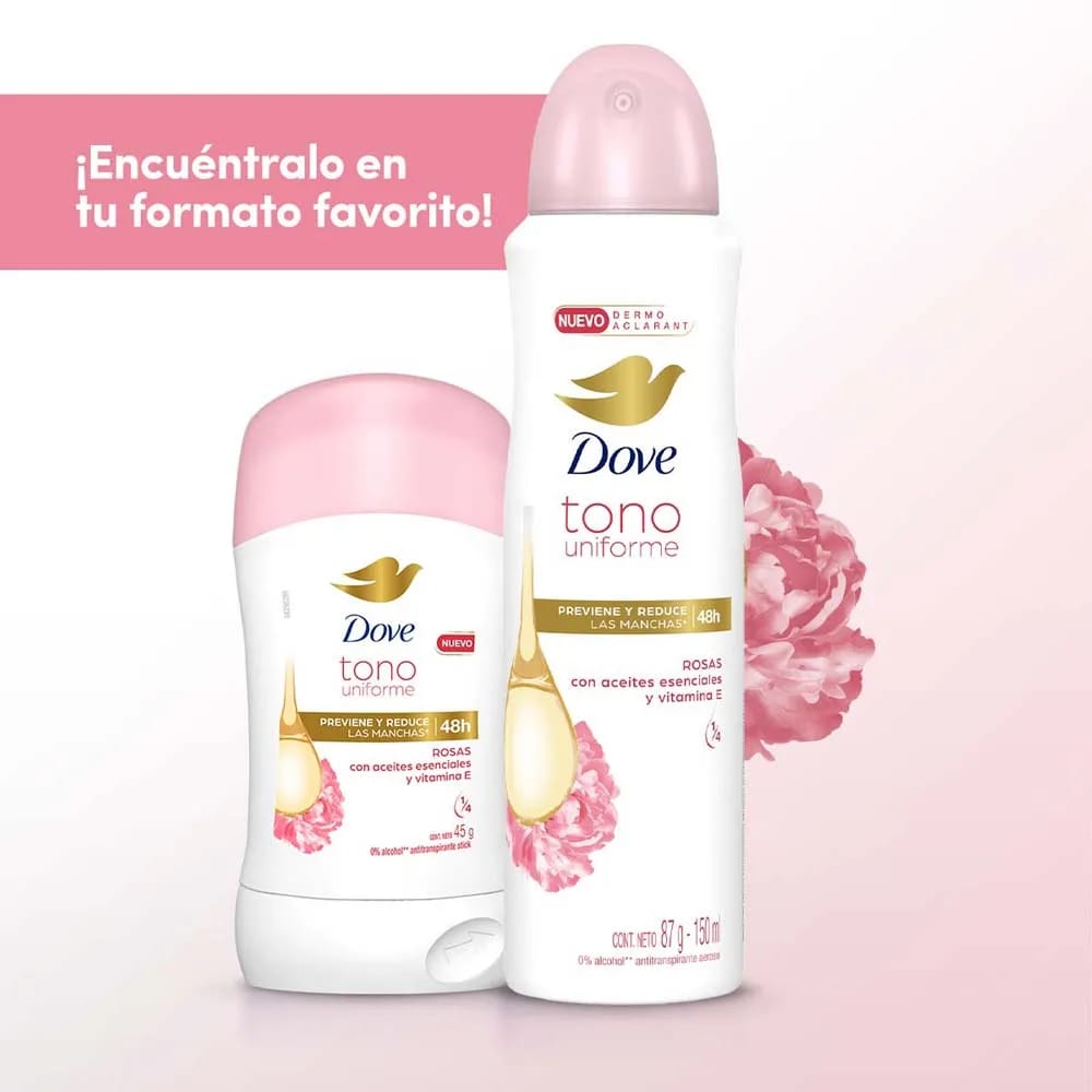 Desodorante para Mujer en Aerosol DOVE Tono Uniforme Rosas Frasco 150ml
