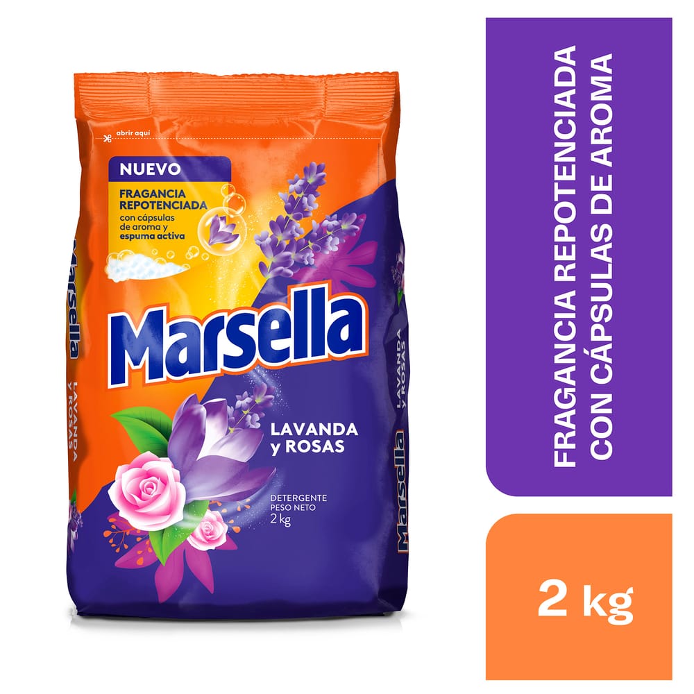 Detergente en Polvo MARSELLA Lavanda y Rosas Bolsa 2Kg
