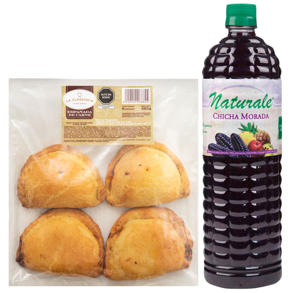 Pack Jugo de Fruta NATURALE Chicha Morada Botella 1L + Empanada de Carne Paquete 4un
