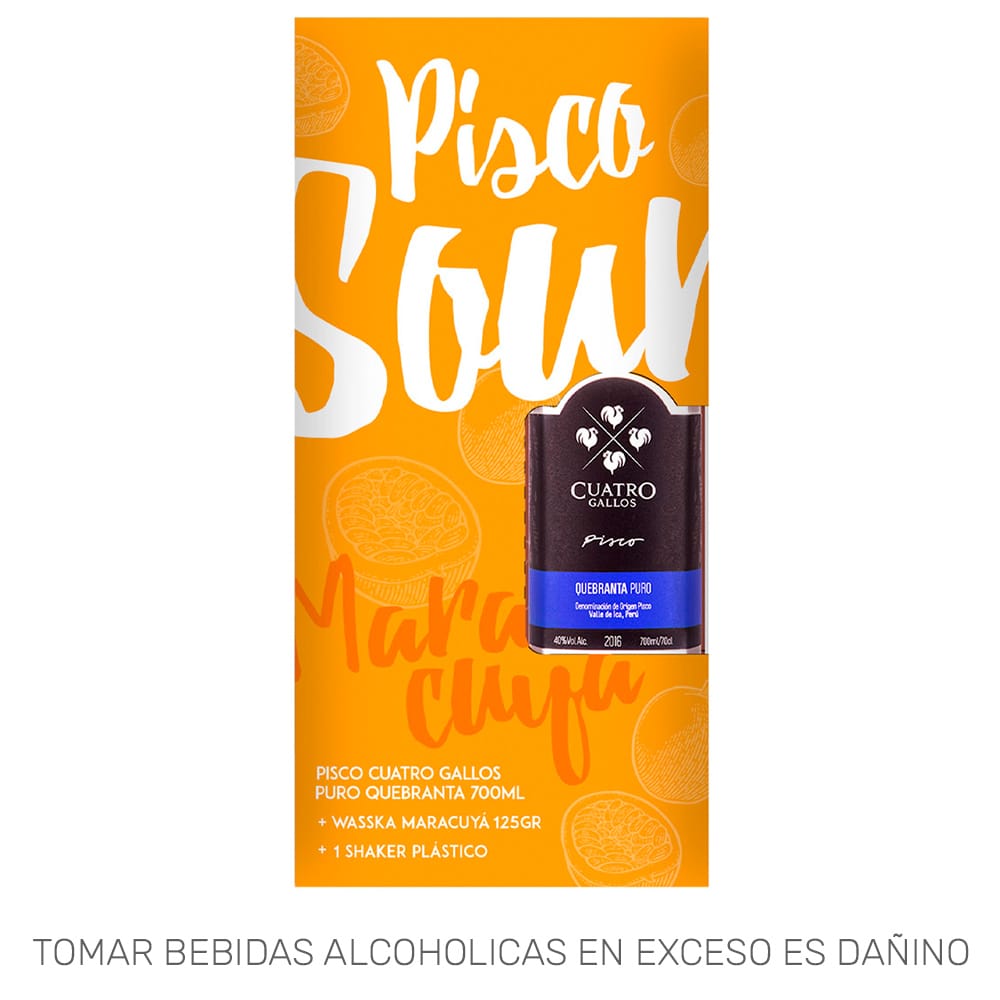 Pack Pisco CUATRO GALLOS Puro Quebranta Botella 700ml + Mix WASSKA Maracuyá Sobre 125g